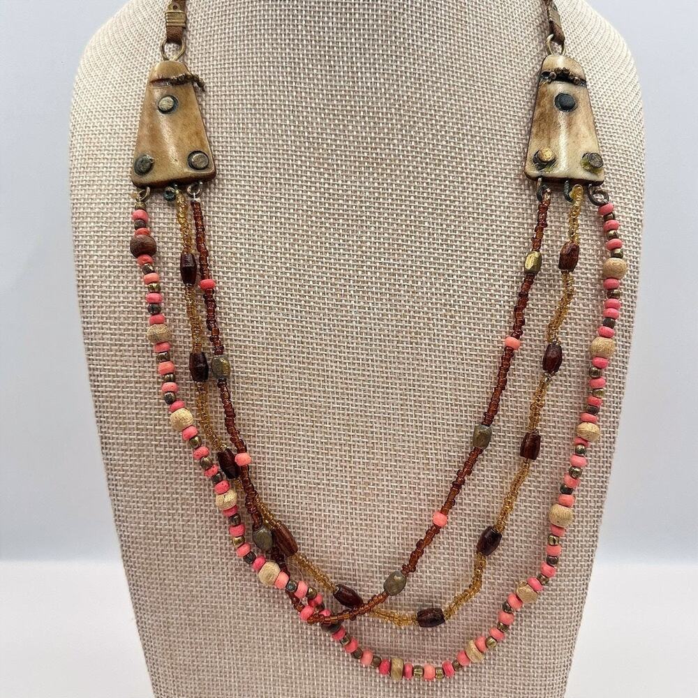 Vintage 80s Beaded Statement Necklace Tribal Artisanal Pink Earth Retro Jewelry